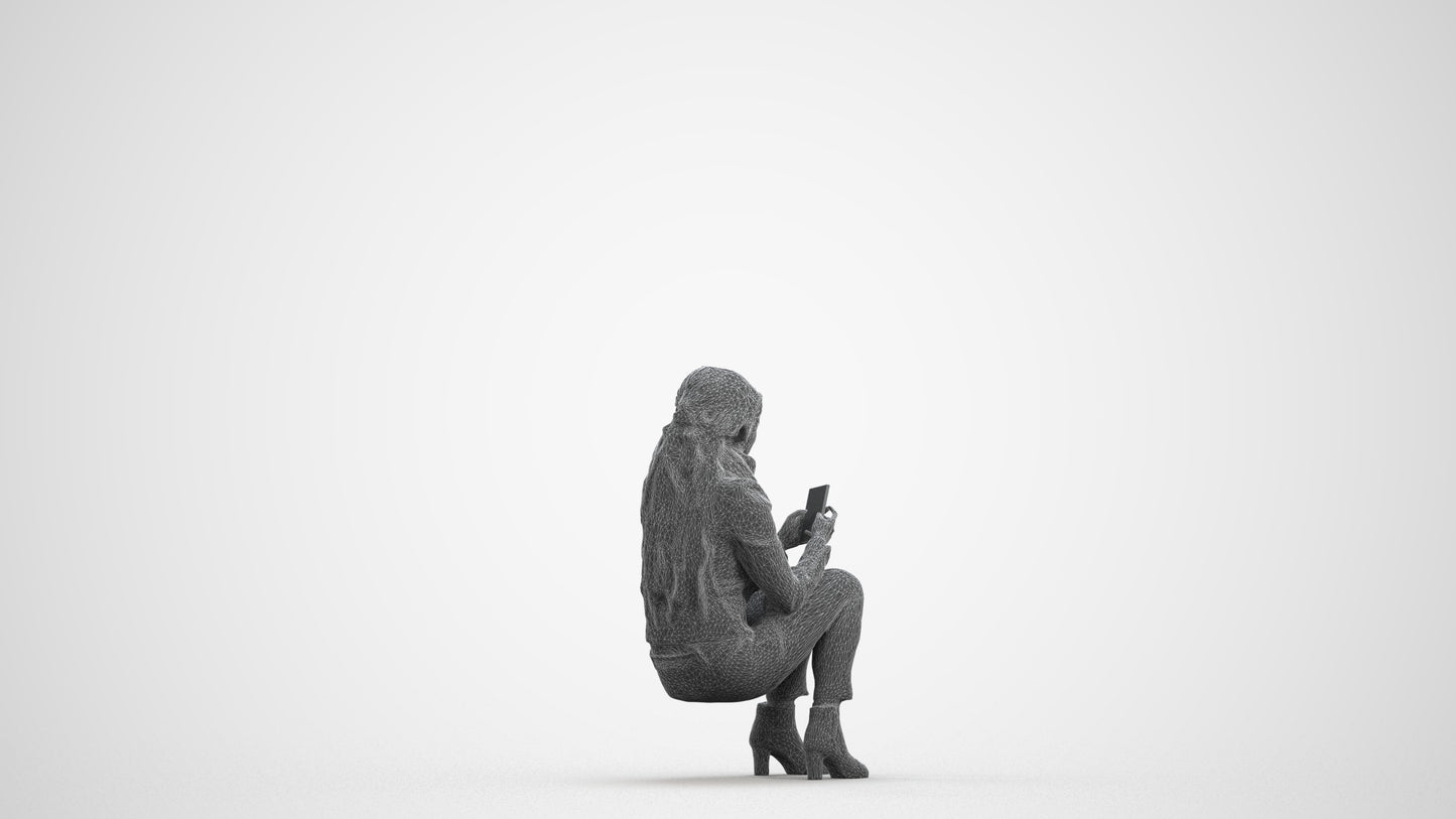 photogrammetry 3D woman casual sitting, realistic human model archviz FBX, wireframe front view