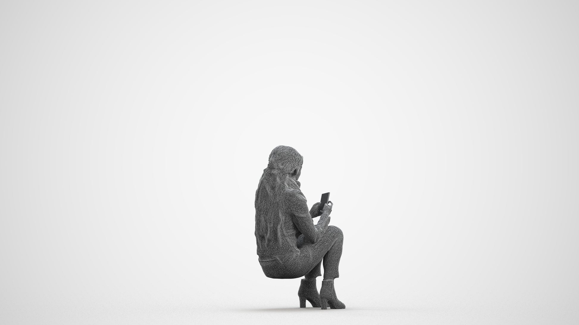 photogrammetry 3D woman casual sitting, realistic human model archviz FBX, wireframe front view