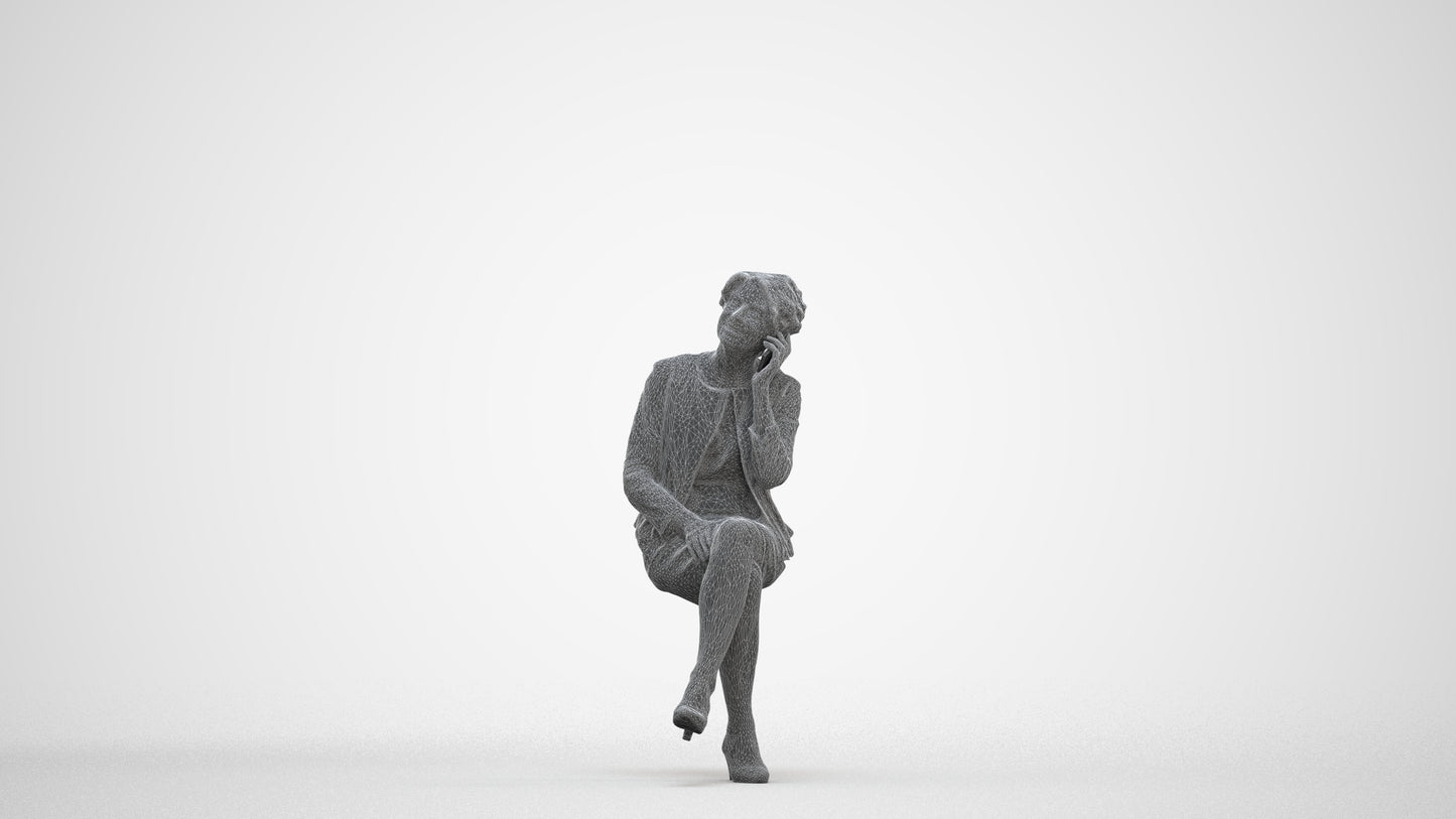 photogrammetry 3D woman business sitting, realistic human model archviz FBX, three-quarter front view render