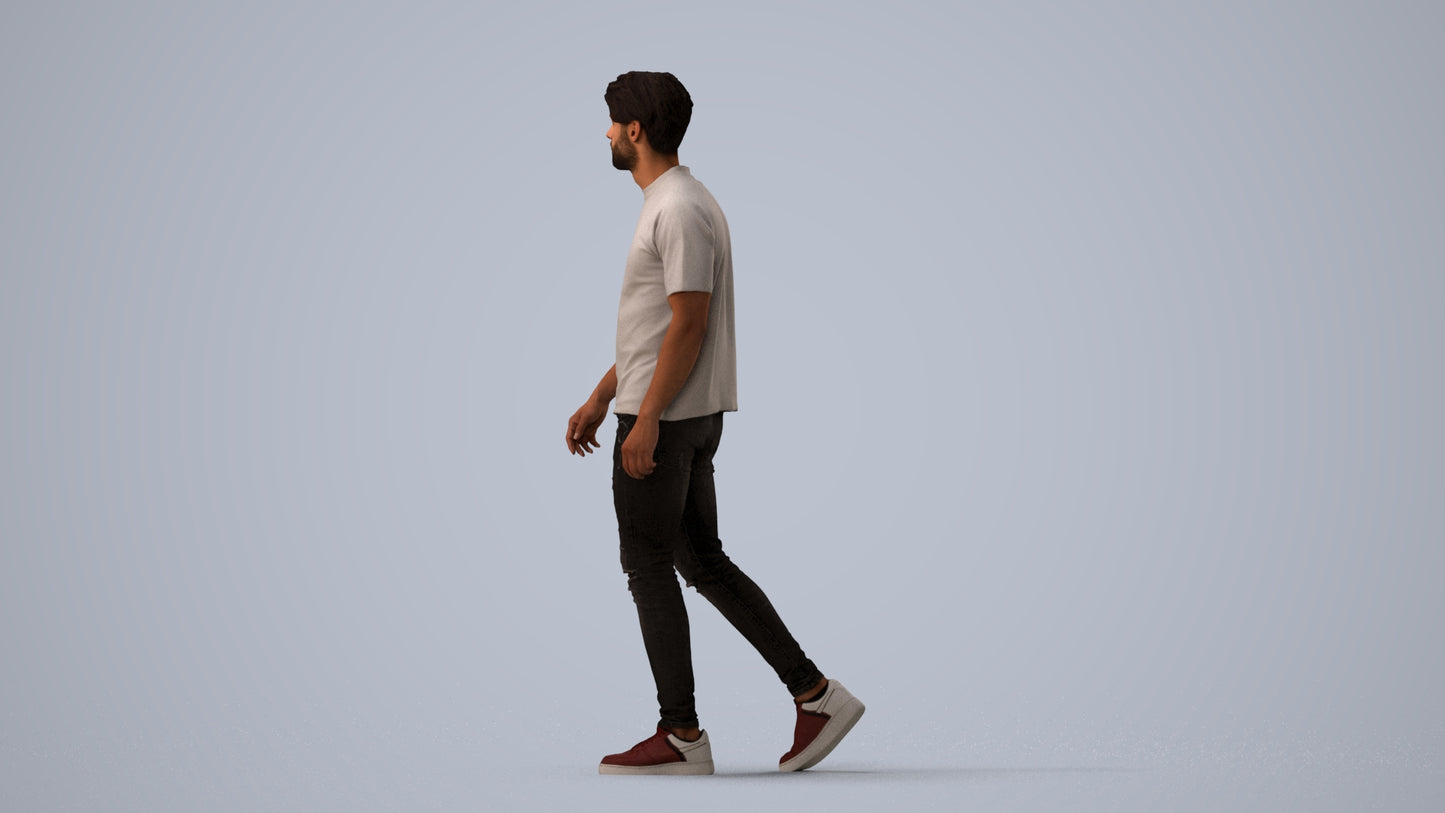 photogrammetry 3D man casual walking, realistic human model archviz FBX, three-quarter view render