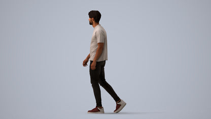 photogrammetry 3D man casual walking, realistic human model archviz FBX, three-quarter view render