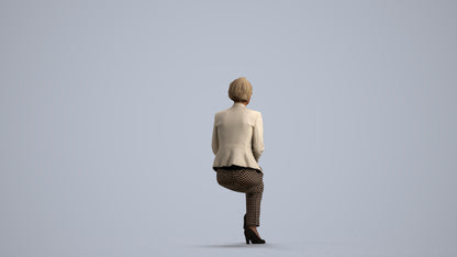 3D human model senior woman business sitting, photogrammetry scanned person for archviz, front view render