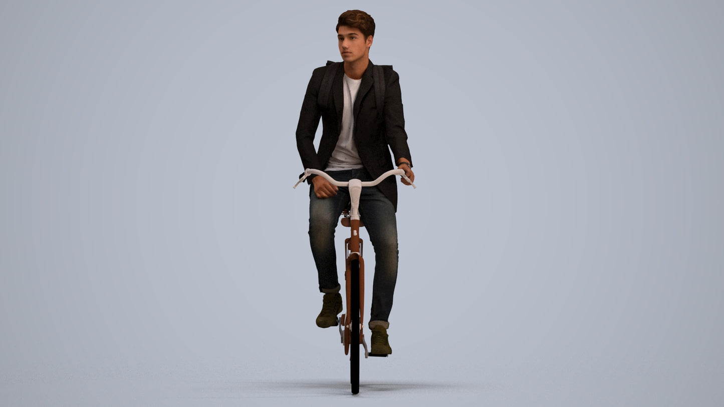 realistic 3D man casual cycling, scanned archviz people for Blender and 3ds Max, standing pose render