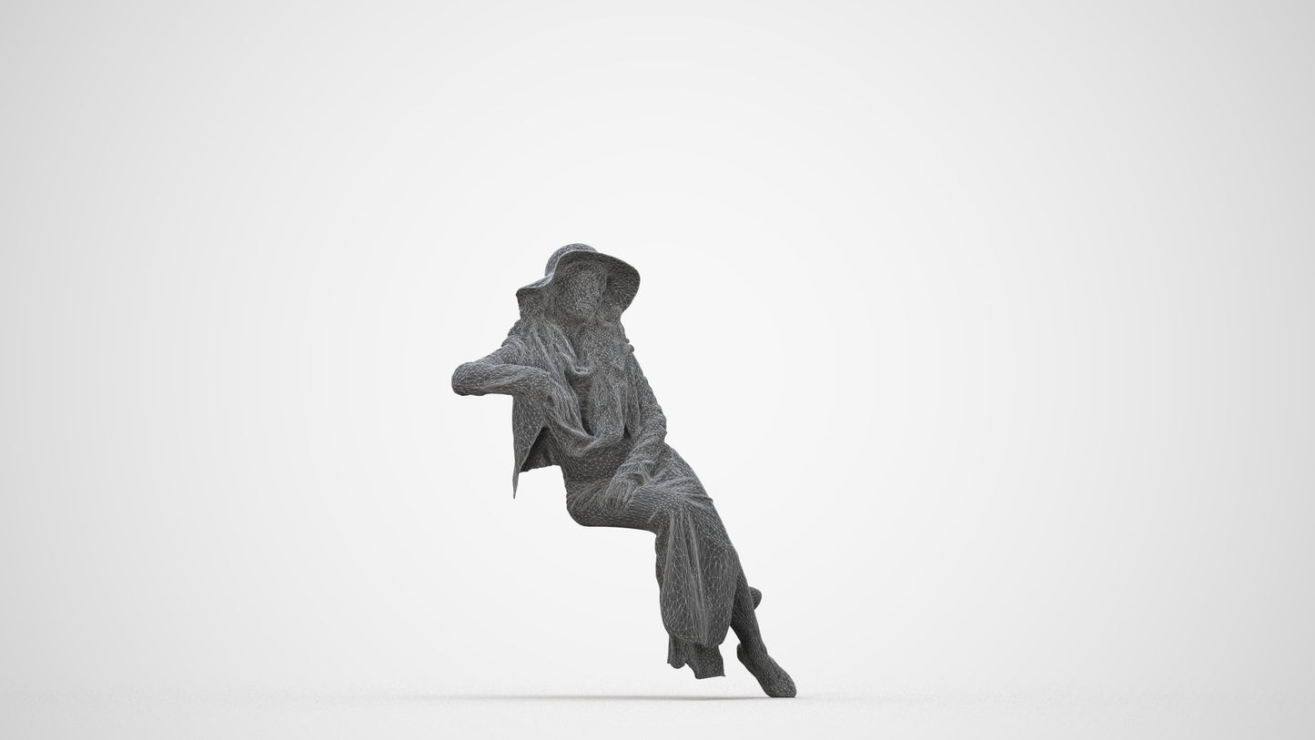 realistic 3D woman casual sitting, scanned archviz people for Blender and 3ds Max, wireframe back view