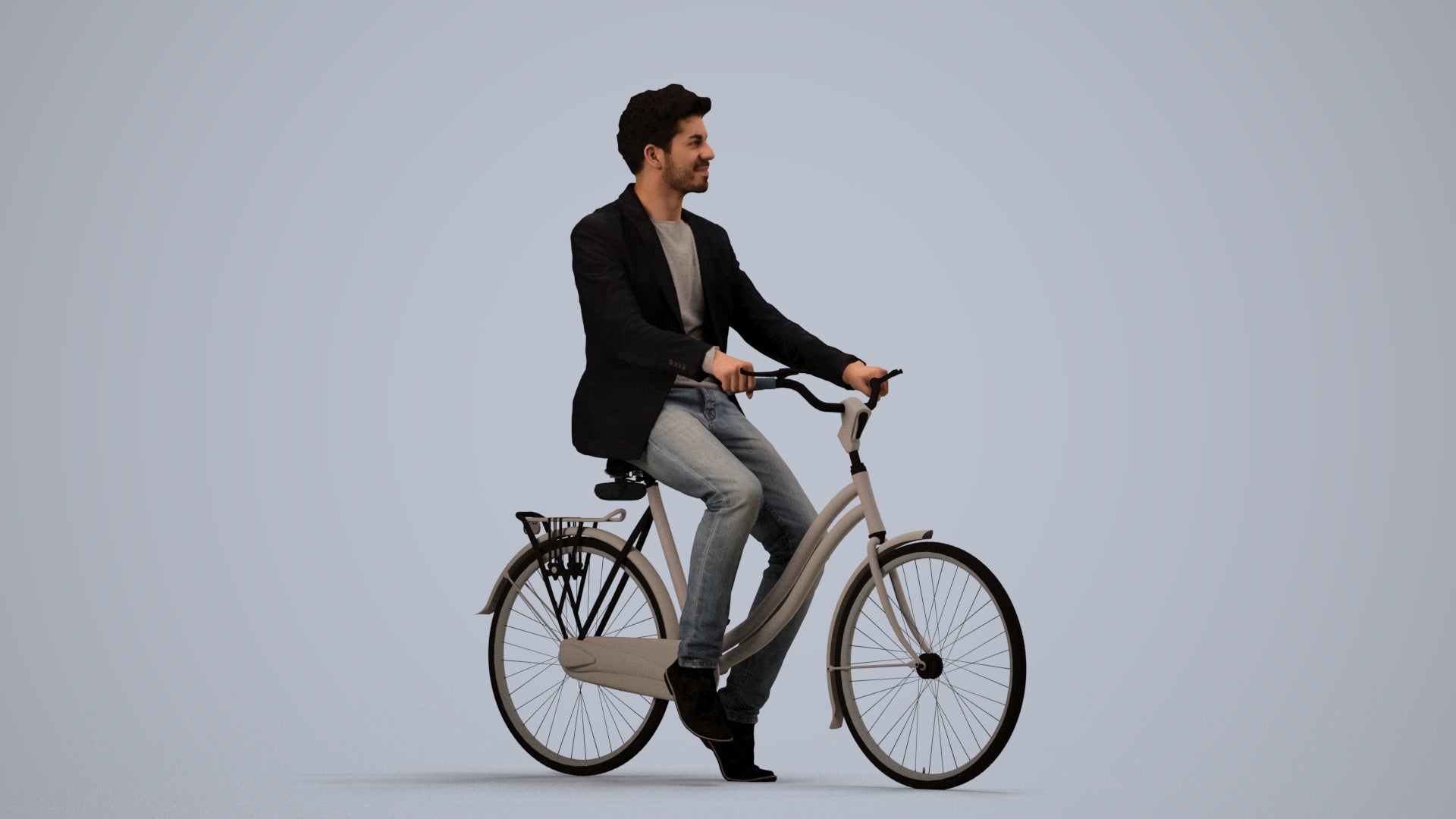 realistic 3D man casual cycling, scanned archviz people for Blender and 3ds Max, side view render