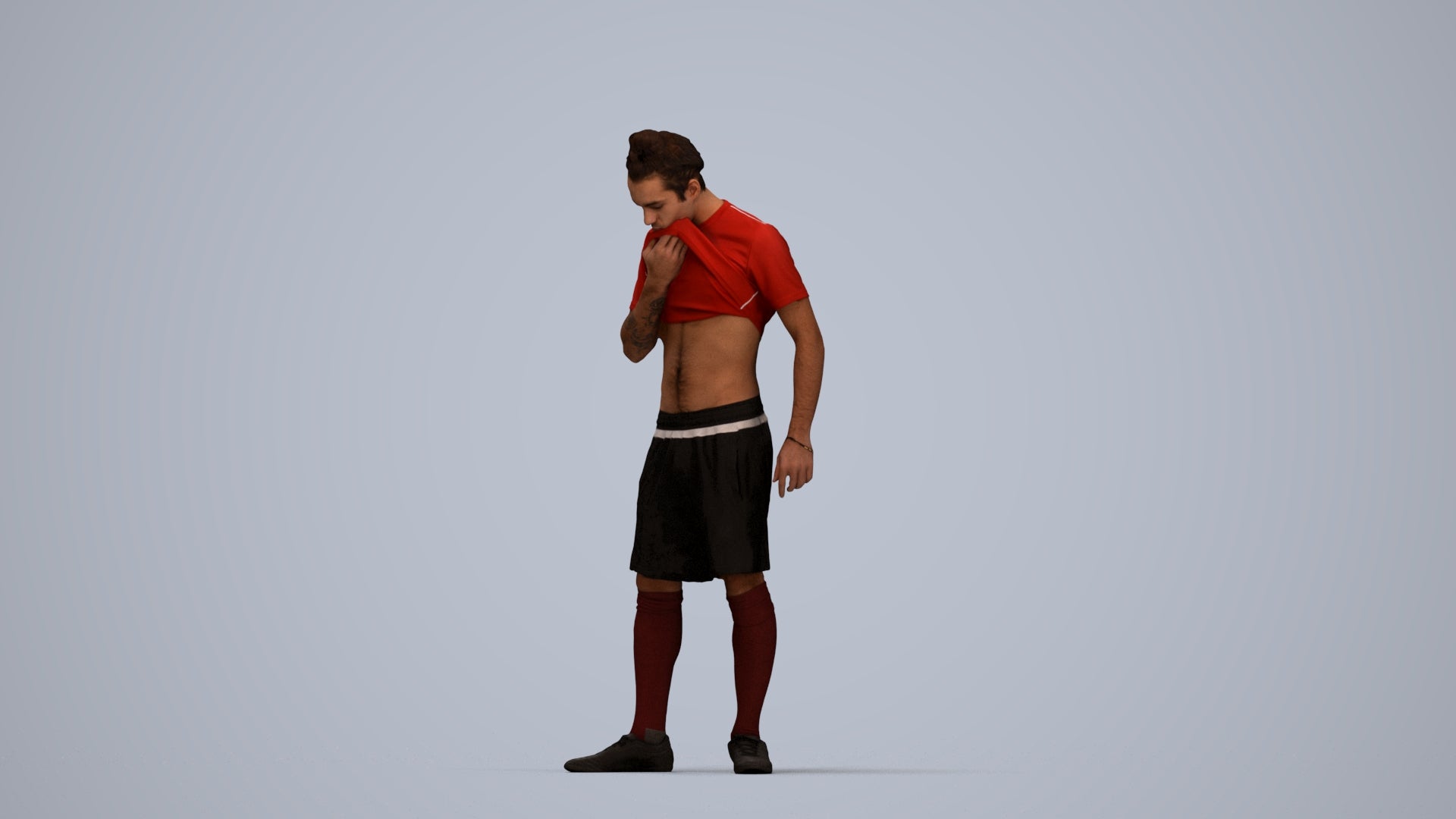 3D human model man sport, photogrammetry scanned person for archviz, top-down view render