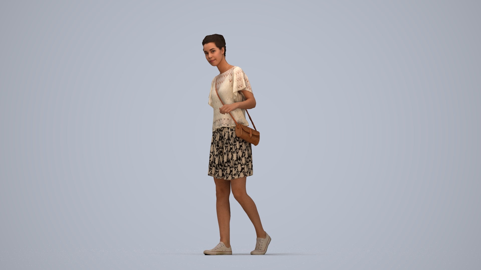 photogrammetry 3D woman casual walking, realistic human model archviz FBX, top-down view render