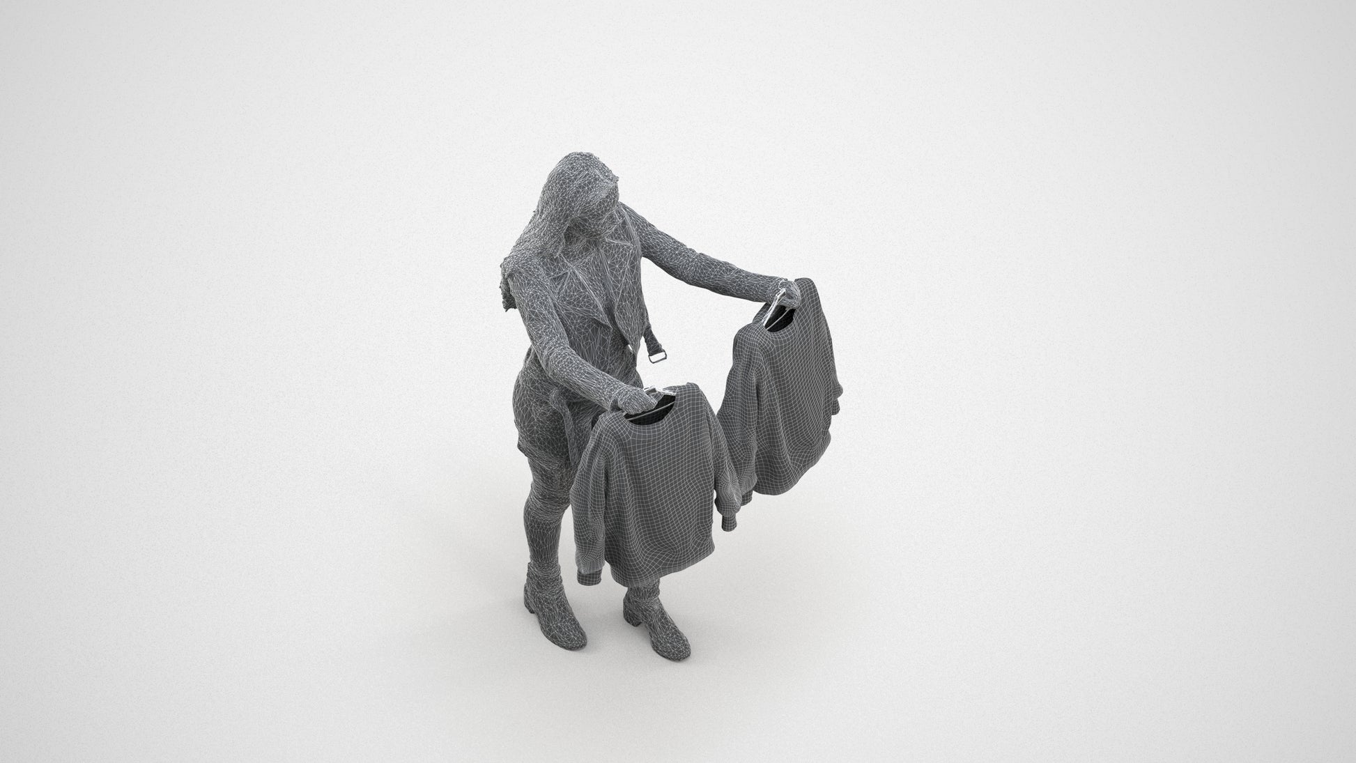 realistic 3D woman casual shopping, scanned archviz people for Blender and 3ds Max, wireframe three-quarter view