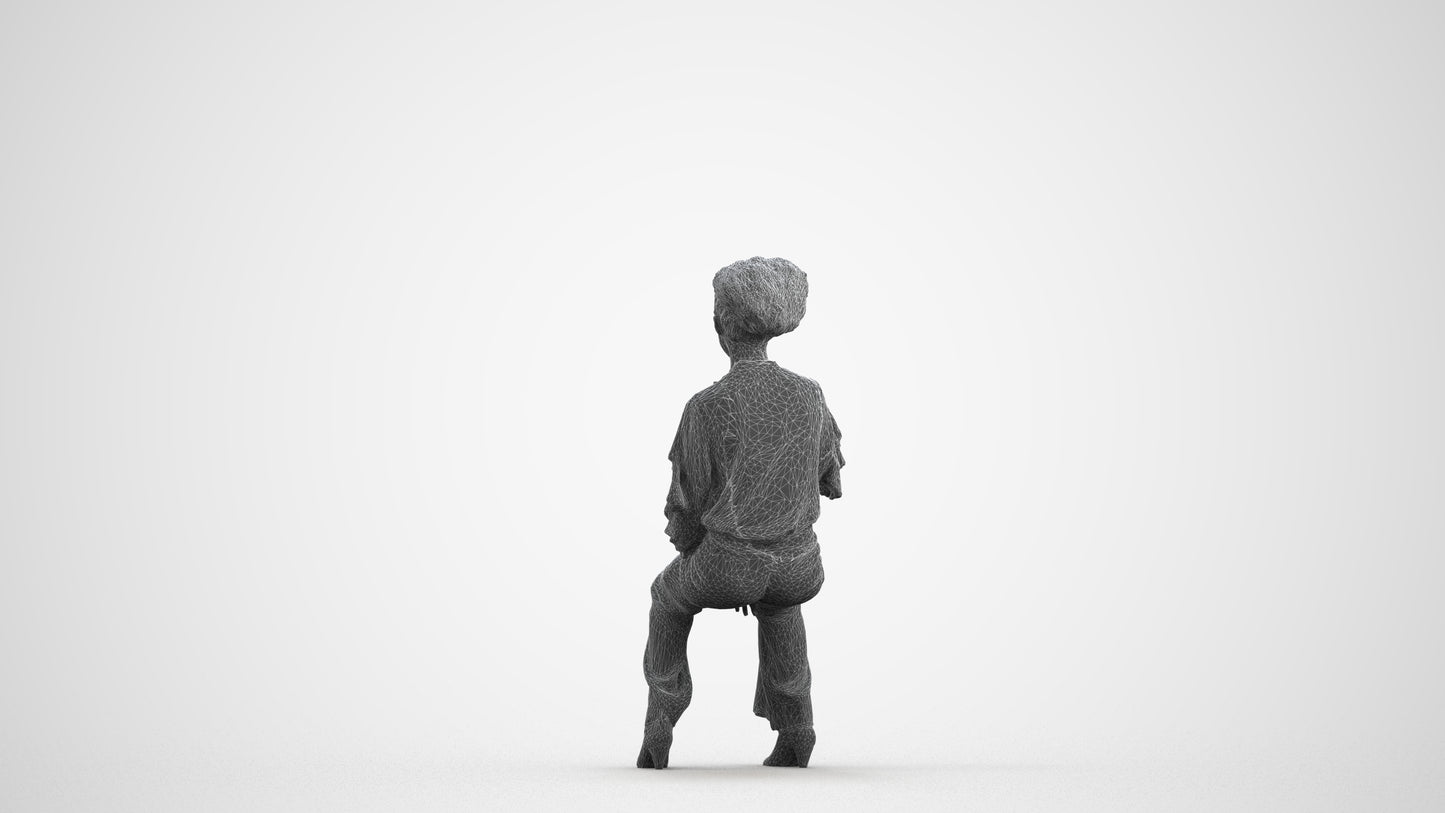 realistic 3D human woman casual sitting, archviz people FBX OBJ for Blender, wireframe front view