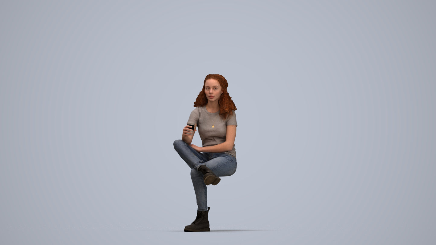 realistic 3D human woman casual sitting, archviz people FBX OBJ for Blender, top-down view render