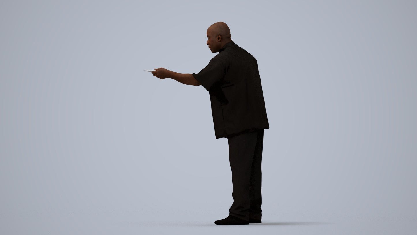 scanned 3D man hospitality, photogrammetry people for Enscape and V-Ray, three-quarter view render