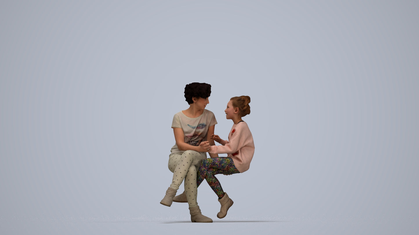 3D human model girl casual kids, photogrammetry scanned person for archviz, top-down view render