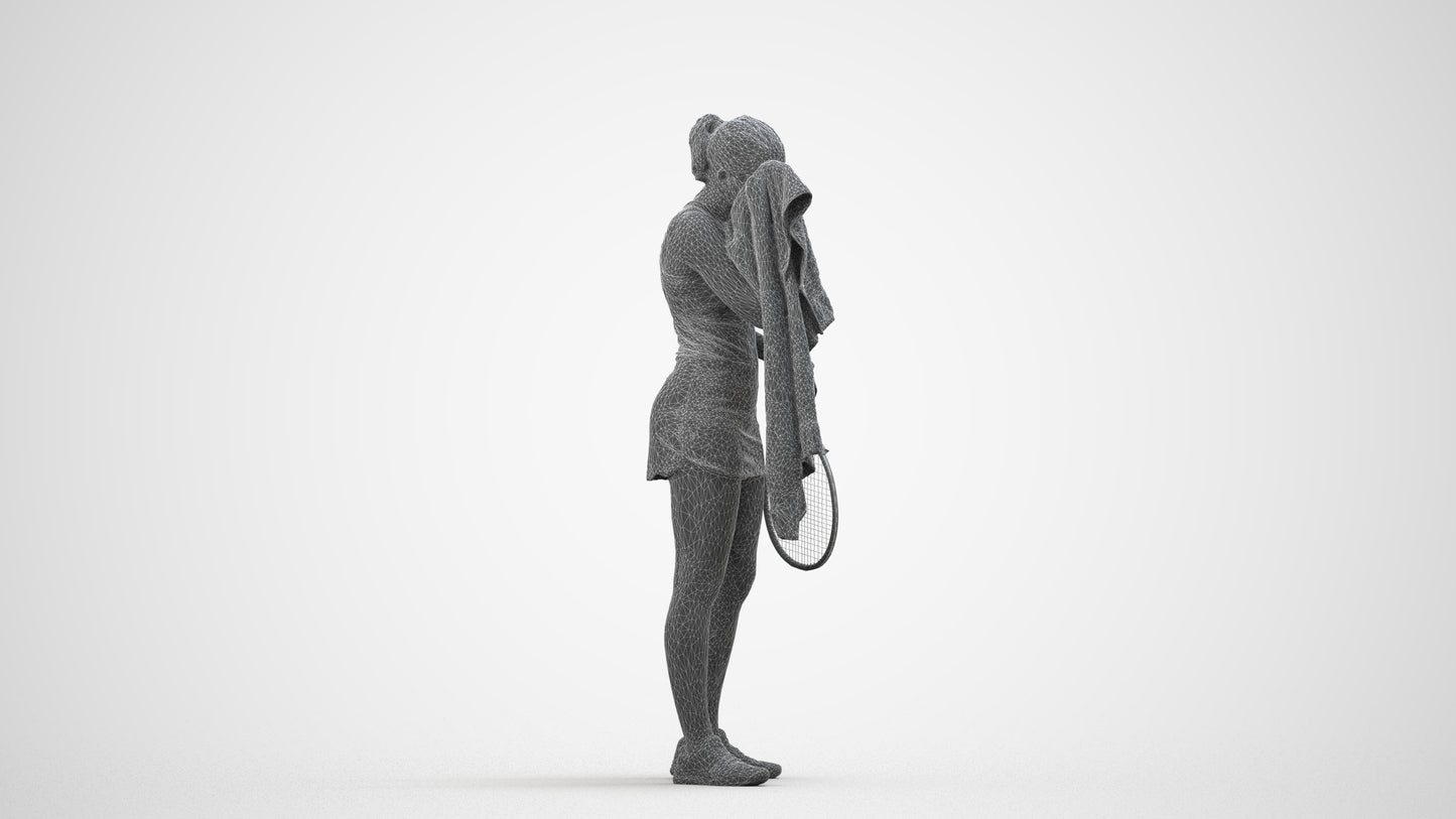 3D human model girl sport, photogrammetry scanned person for archviz, wireframe side view