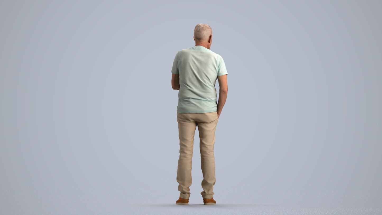 3D human model senior man casual standing, photogrammetry scanned person for archviz, front view render