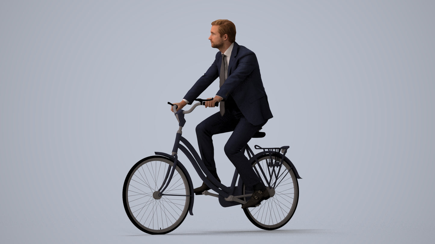 scanned 3D man business cycling, photogrammetry people for Enscape and V-Ray, three-quarter view render
