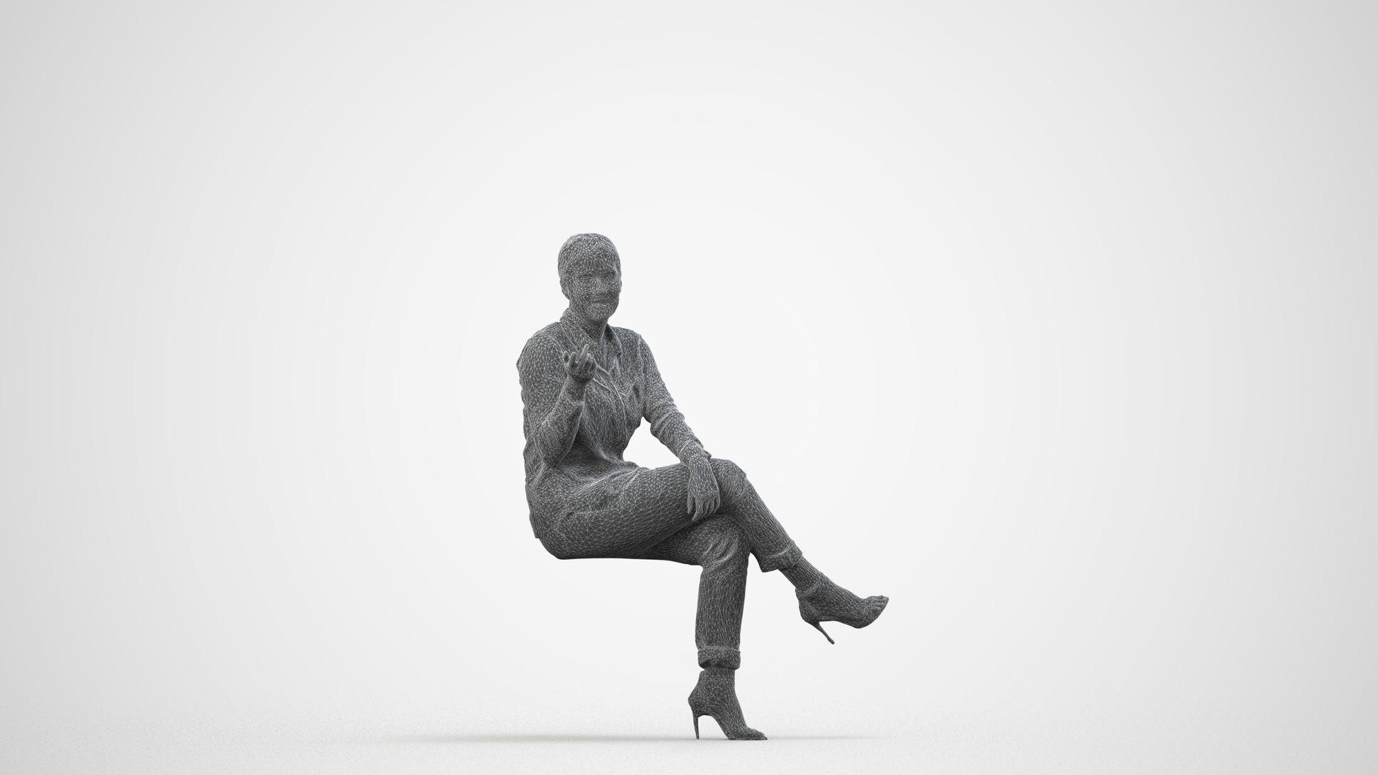 3D people model woman casual sitting, scanned human for 3ds Max rendering, wireframe side view