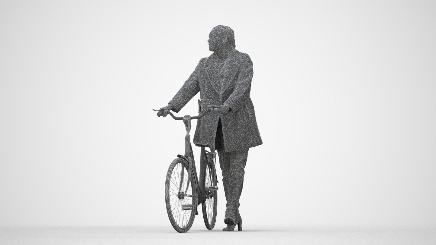 realistic 3D people woman business cycling, render-ready for V-Ray and Corona, FBX OBJ, wireframe back view