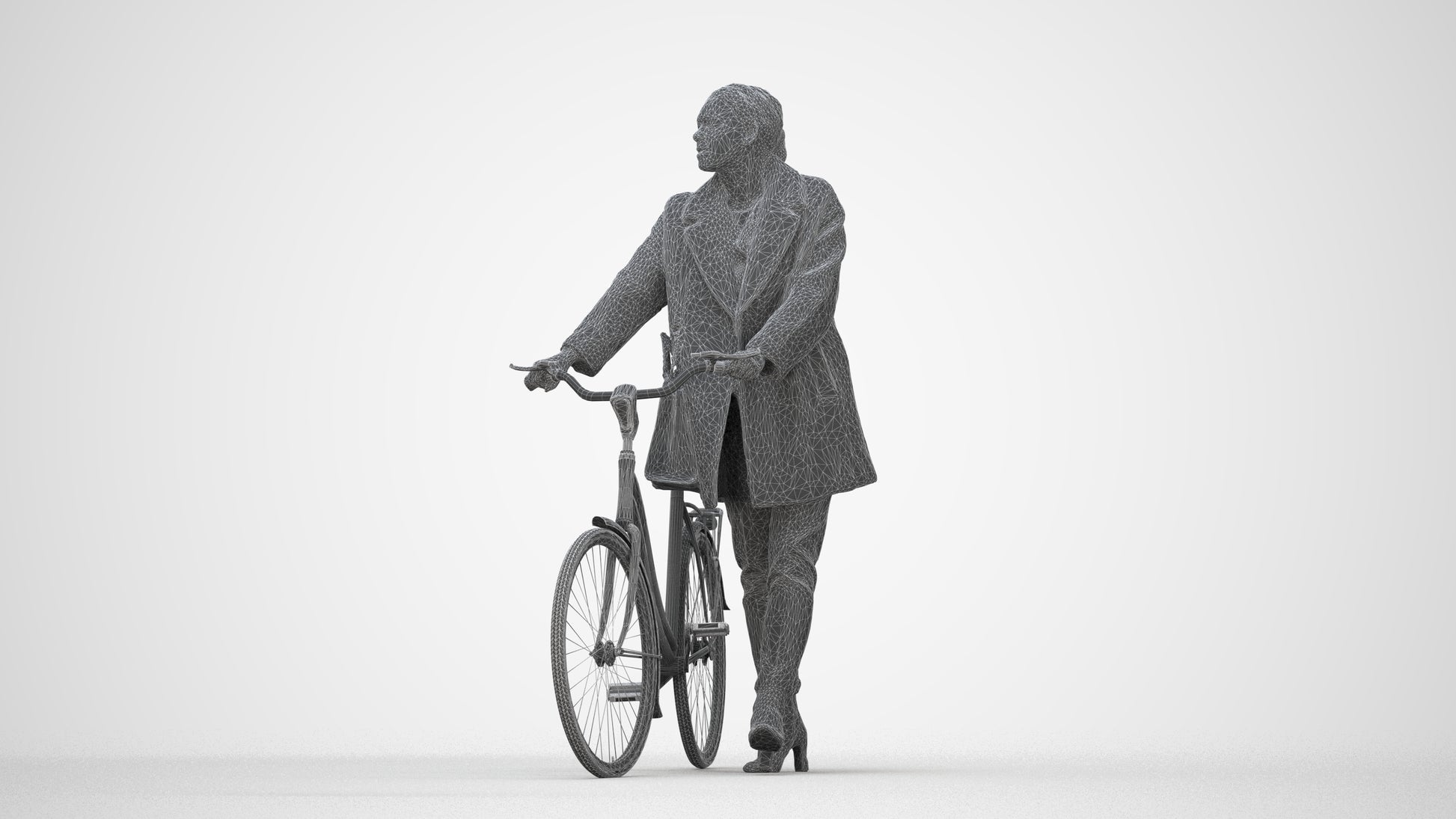 realistic 3D people woman business cycling, render-ready for V-Ray and Corona, FBX OBJ, wireframe back view