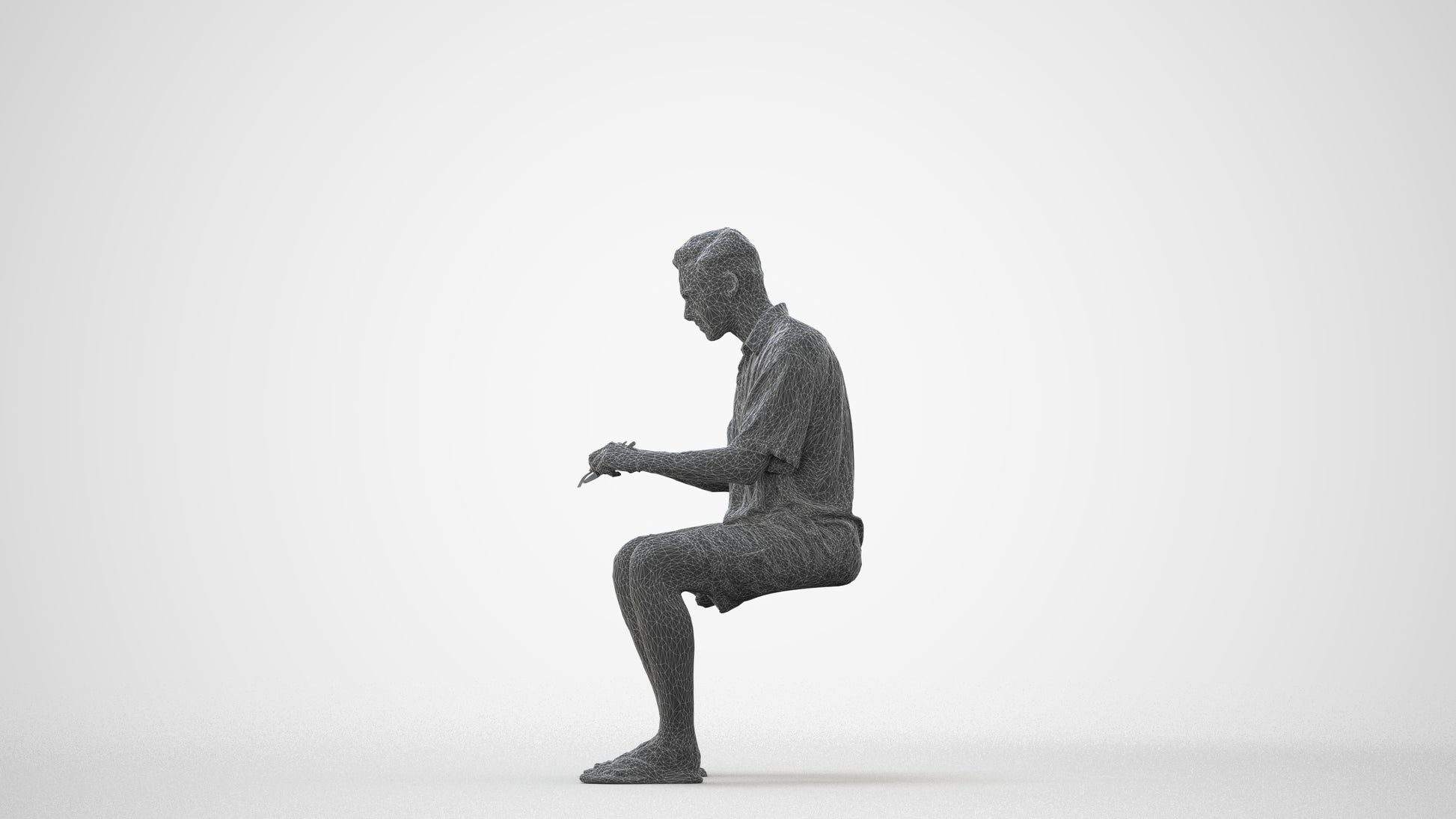 3D human model man casual sitting, photogrammetry scanned person for archviz, square thumbnail