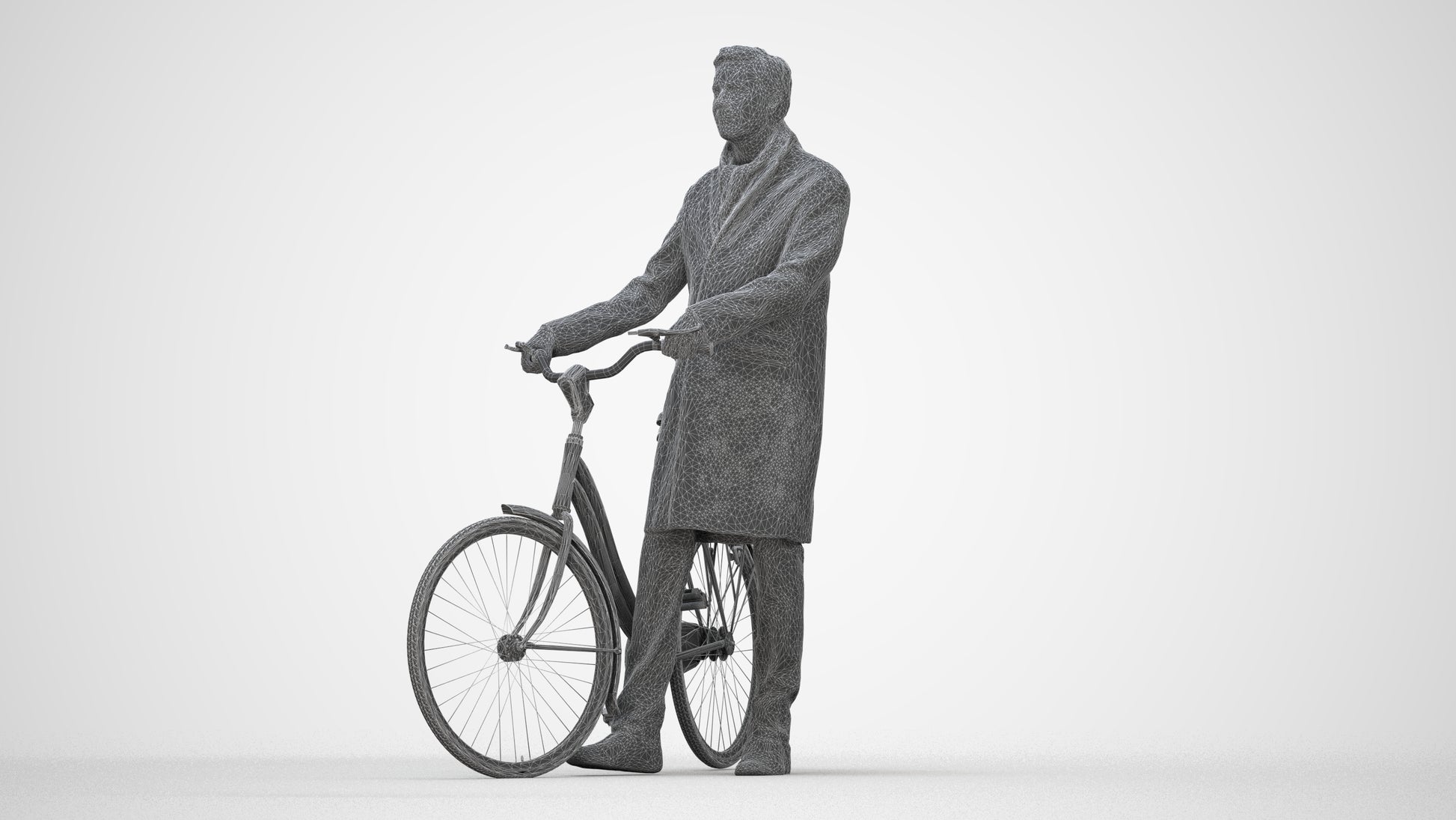 photogrammetry 3D man cycling, realistic human model archviz FBX, wireframe back view