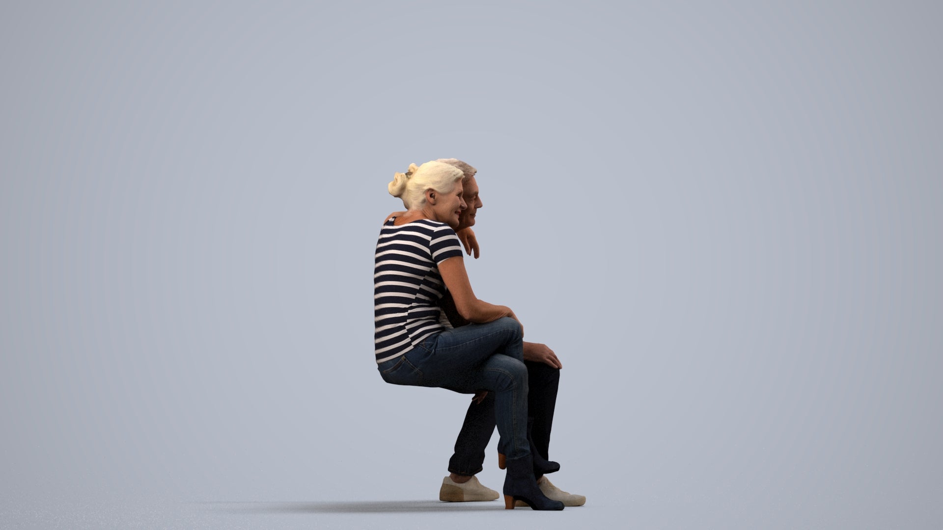 3D people model senior woman casual couple, scanned human for 3ds Max rendering, side view render