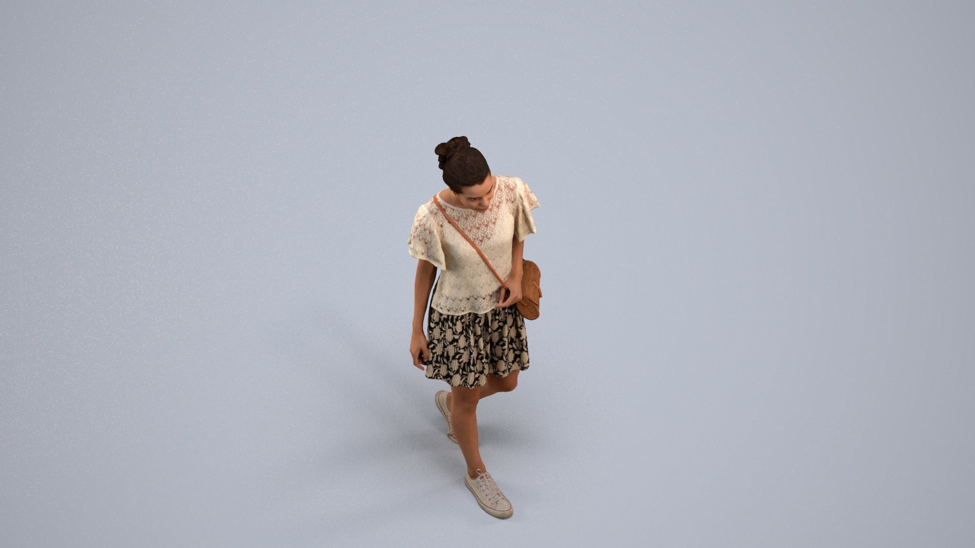 realistic 3D woman casual walking, scanned archviz people for Blender and 3ds Max, back view render