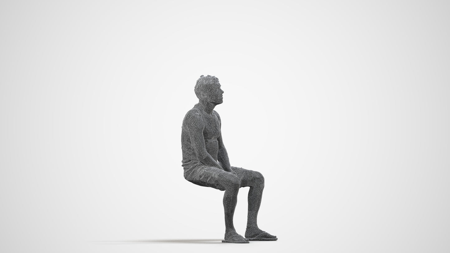 scanned 3D man casual sitting, photogrammetry people for Enscape and V-Ray, wireframe side view