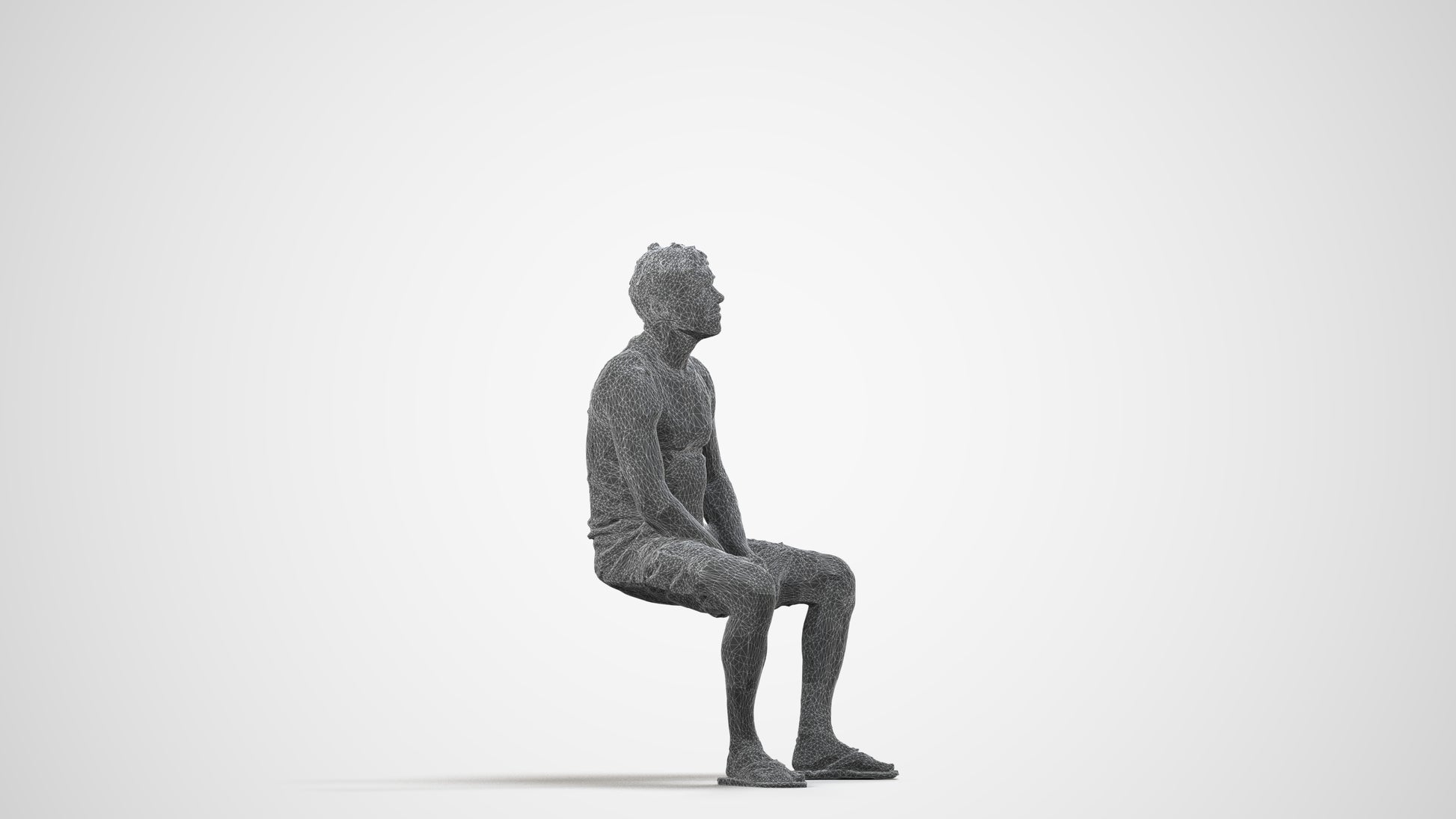 scanned 3D man casual sitting, photogrammetry people for Enscape and V-Ray, wireframe side view