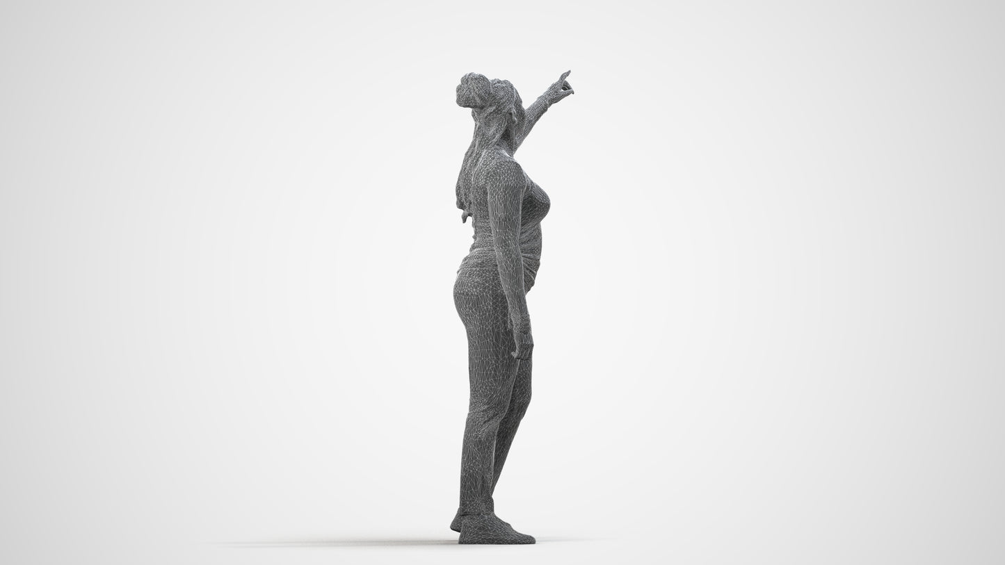 3D scanned woman standing casual, photorealistic archviz people for Enscape and SketchUp, wireframe side view