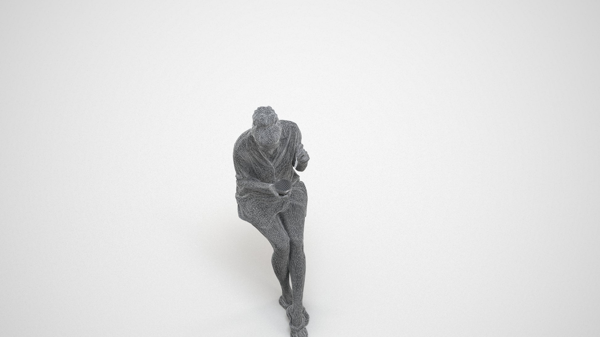3D people model woman casual sitting, scanned human for 3ds Max rendering, wireframe three-quarter view