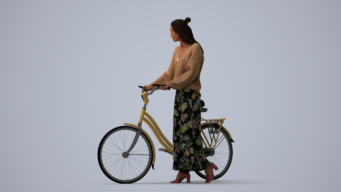 realistic 3D human woman casual cycling, archviz people FBX OBJ for Blender, three-quarter view render
