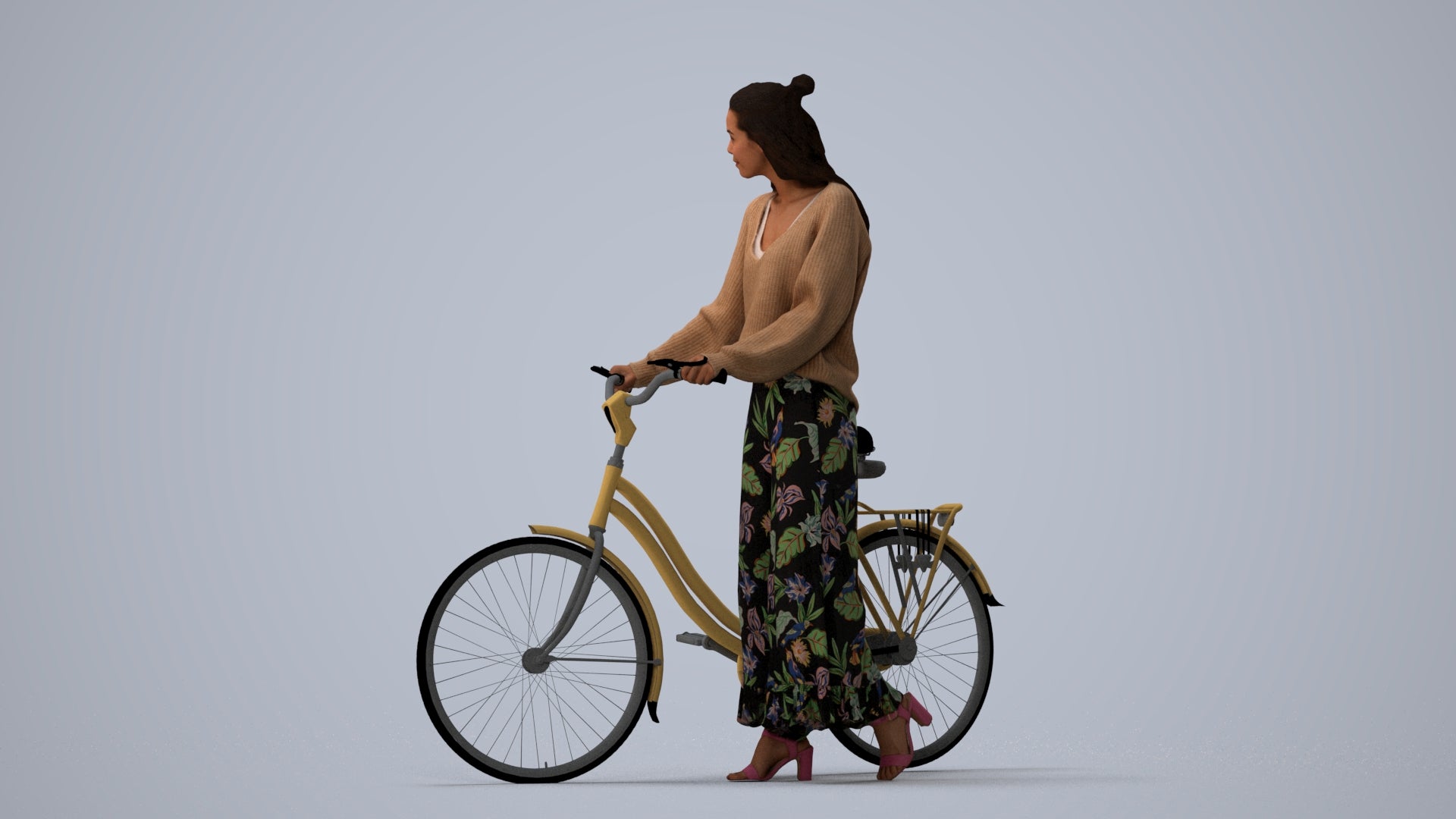 realistic 3D human woman casual cycling, archviz people FBX OBJ for Blender, three-quarter view render