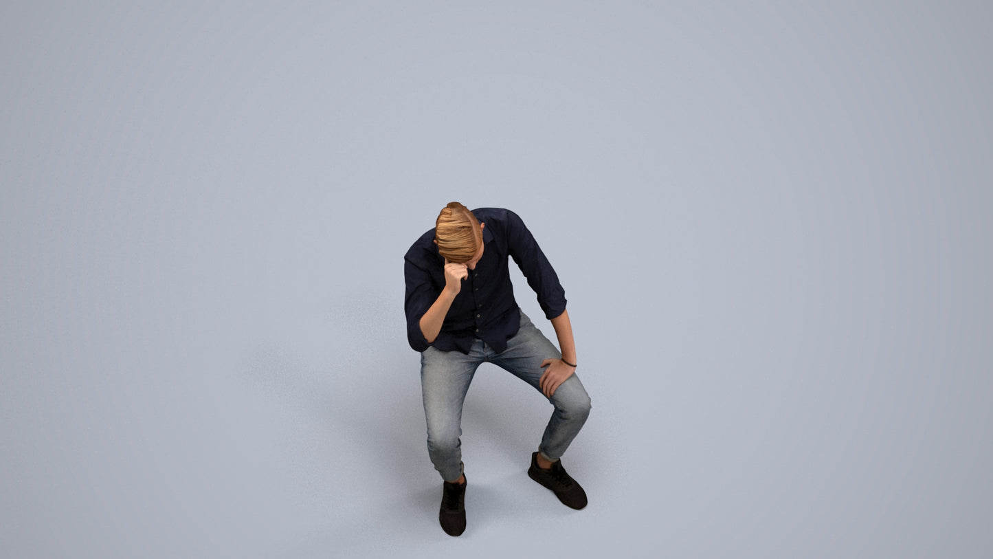 3D people model man casual sitting, scanned human for 3ds Max rendering, back view render