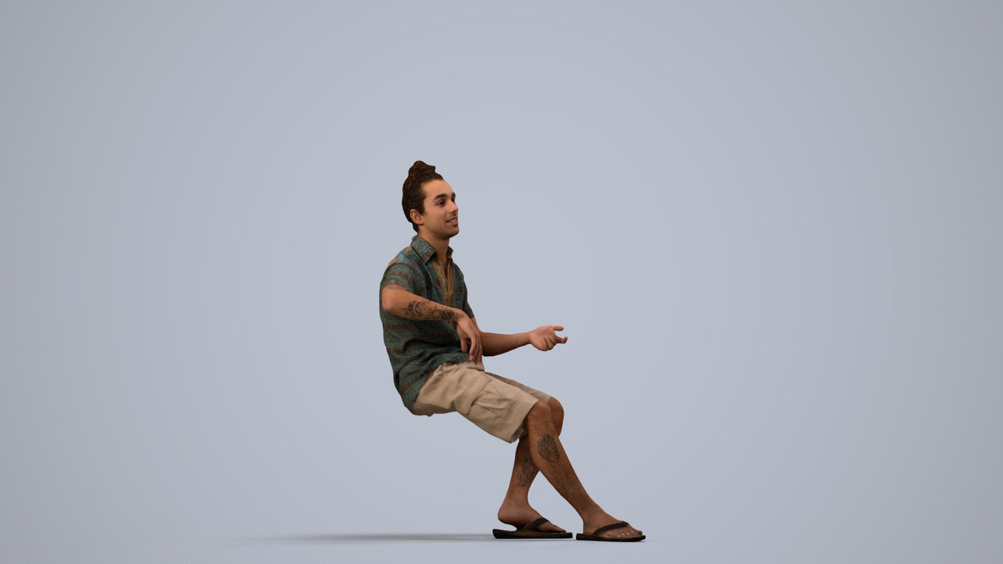 3D people model man casual sitting, scanned human for 3ds Max rendering, side view render