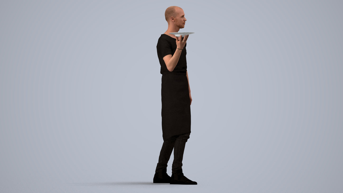 realistic 3D human man hospitality, archviz people FBX OBJ for Blender, side view render