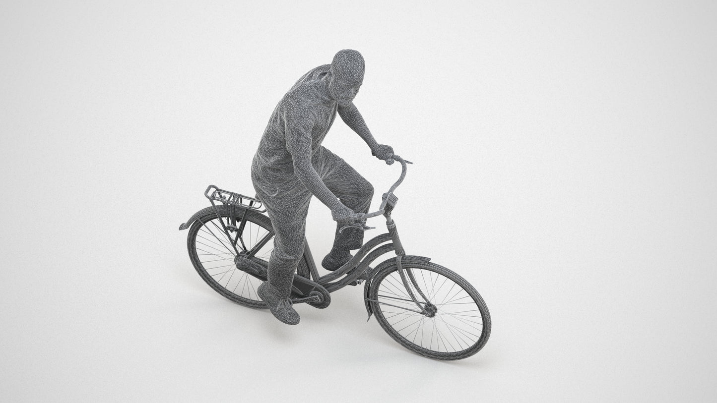 realistic 3D man casual cycling, scanned archviz people for Blender and 3ds Max, wireframe three-quarter view