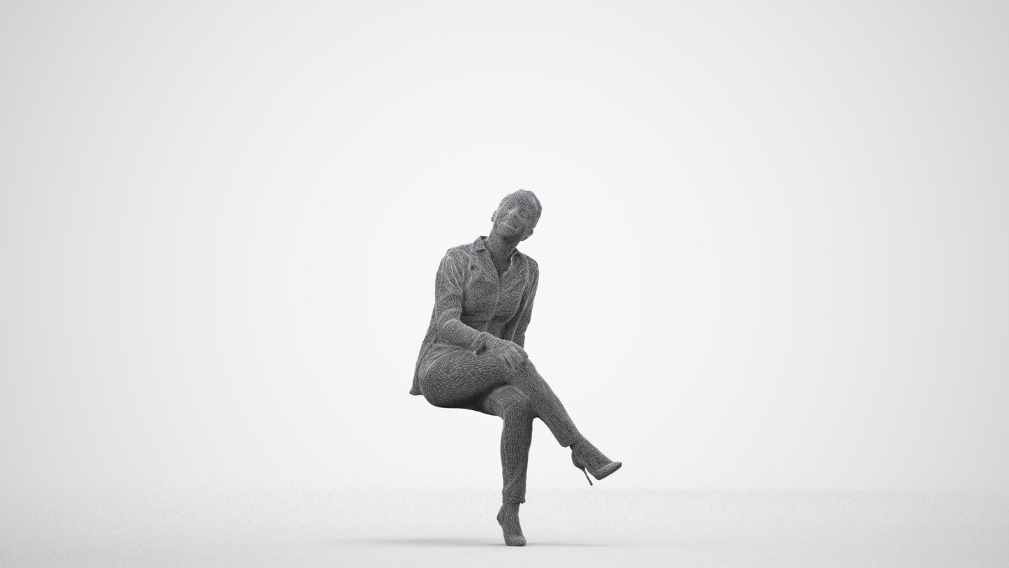 scanned 3D woman business sitting, photogrammetry people for Enscape and V-Ray, wireframe side view