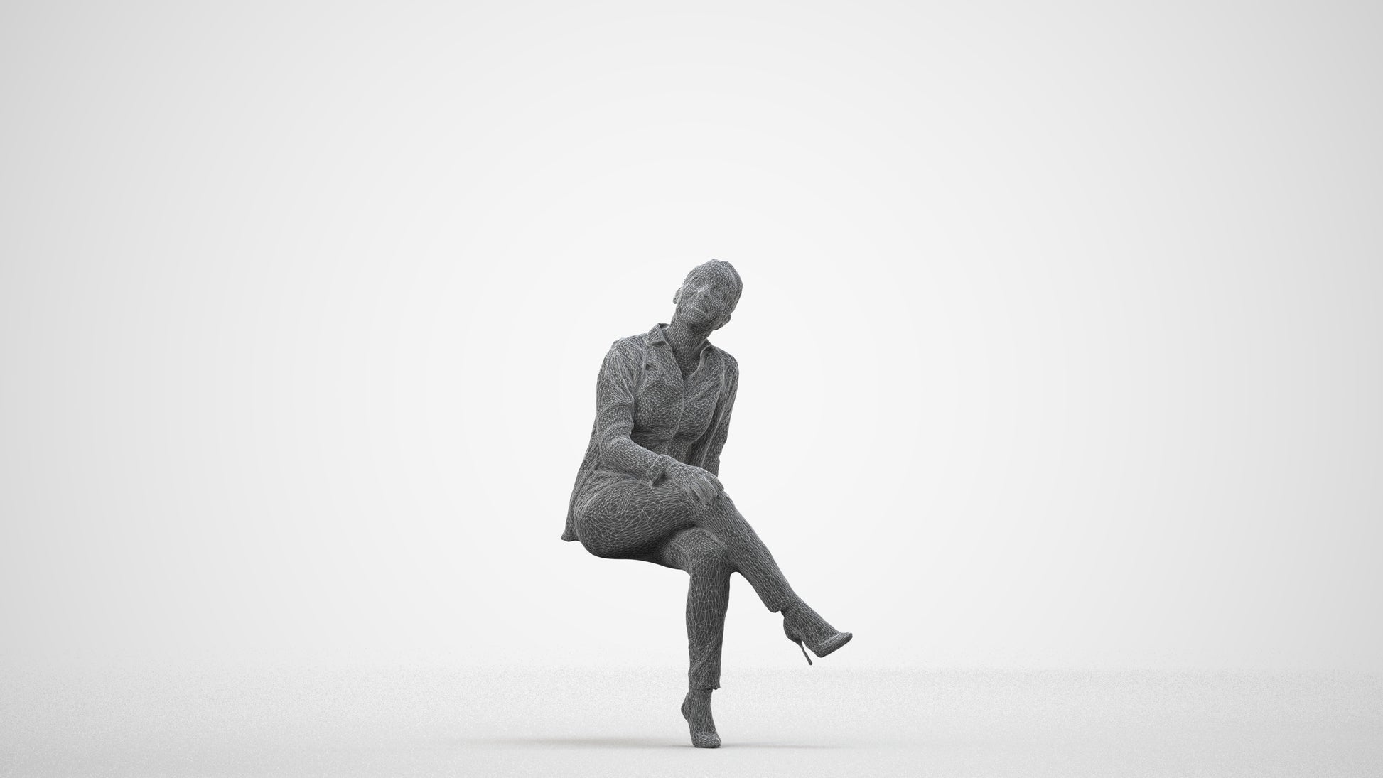 scanned 3D woman business sitting, photogrammetry people for Enscape and V-Ray, wireframe side view