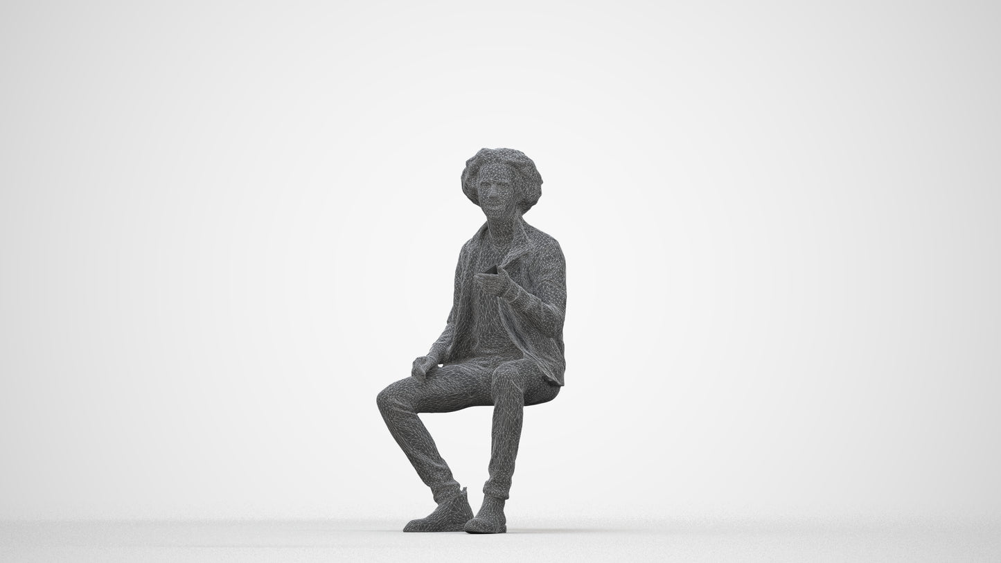 scanned 3D man casual sitting, photogrammetry people for Enscape and V-Ray, wireframe back view