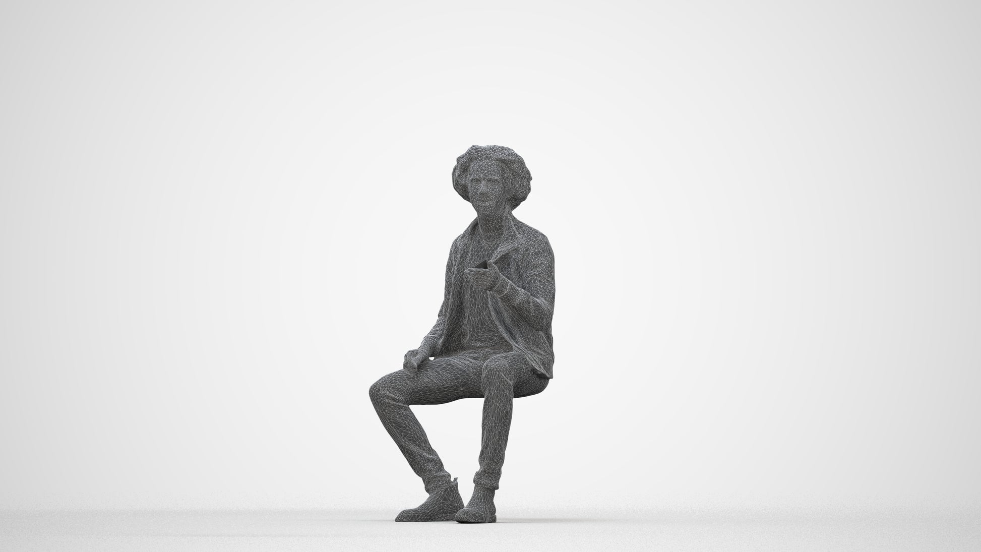 scanned 3D man casual sitting, photogrammetry people for Enscape and V-Ray, wireframe back view
