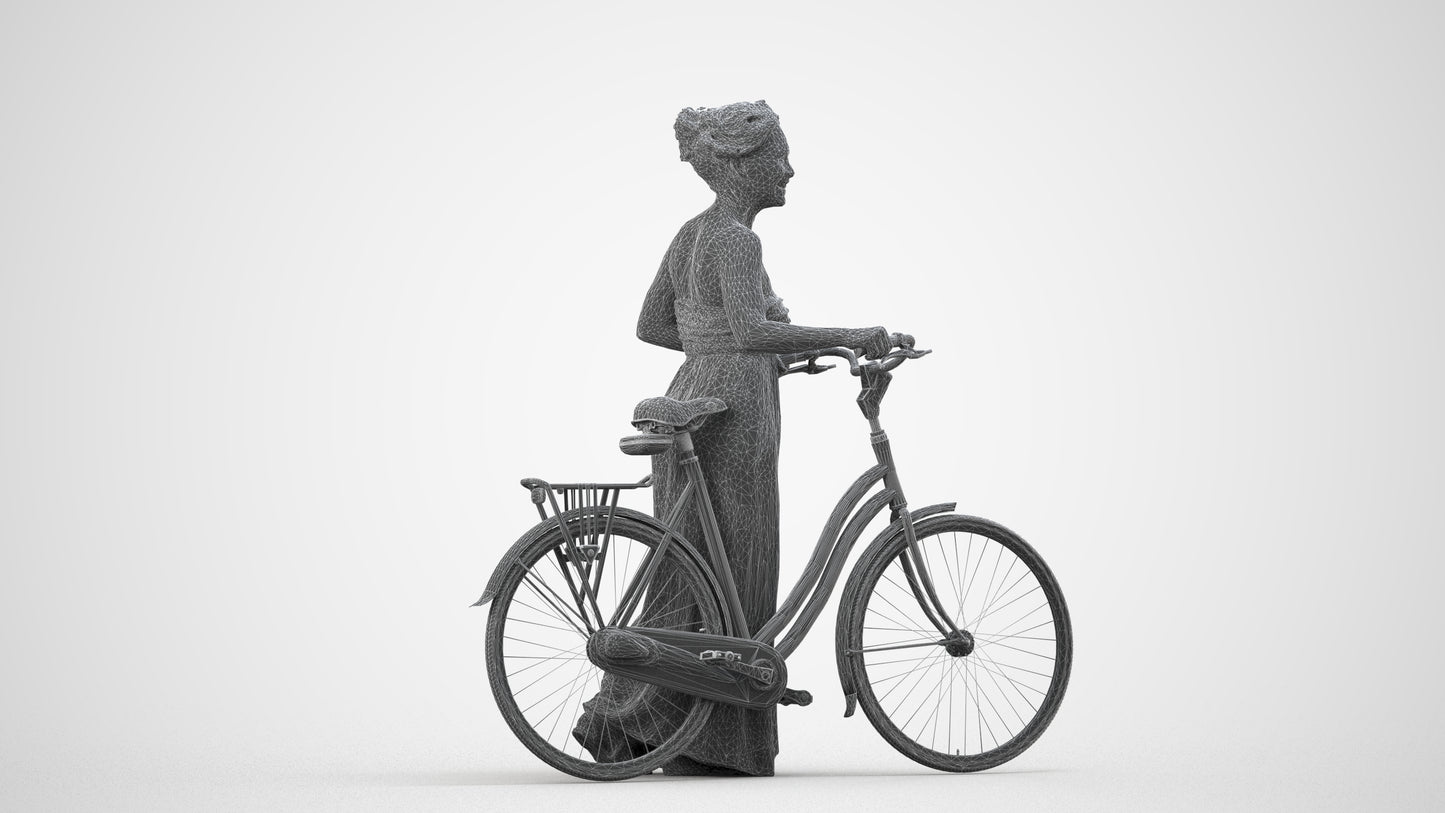 3D scanned woman cycling casual, photorealistic archviz people for Enscape and SketchUp, wireframe side view