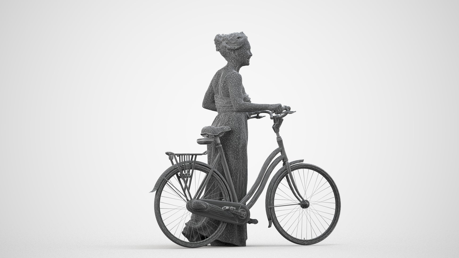 3D scanned woman cycling casual, photorealistic archviz people for Enscape and SketchUp, wireframe side view