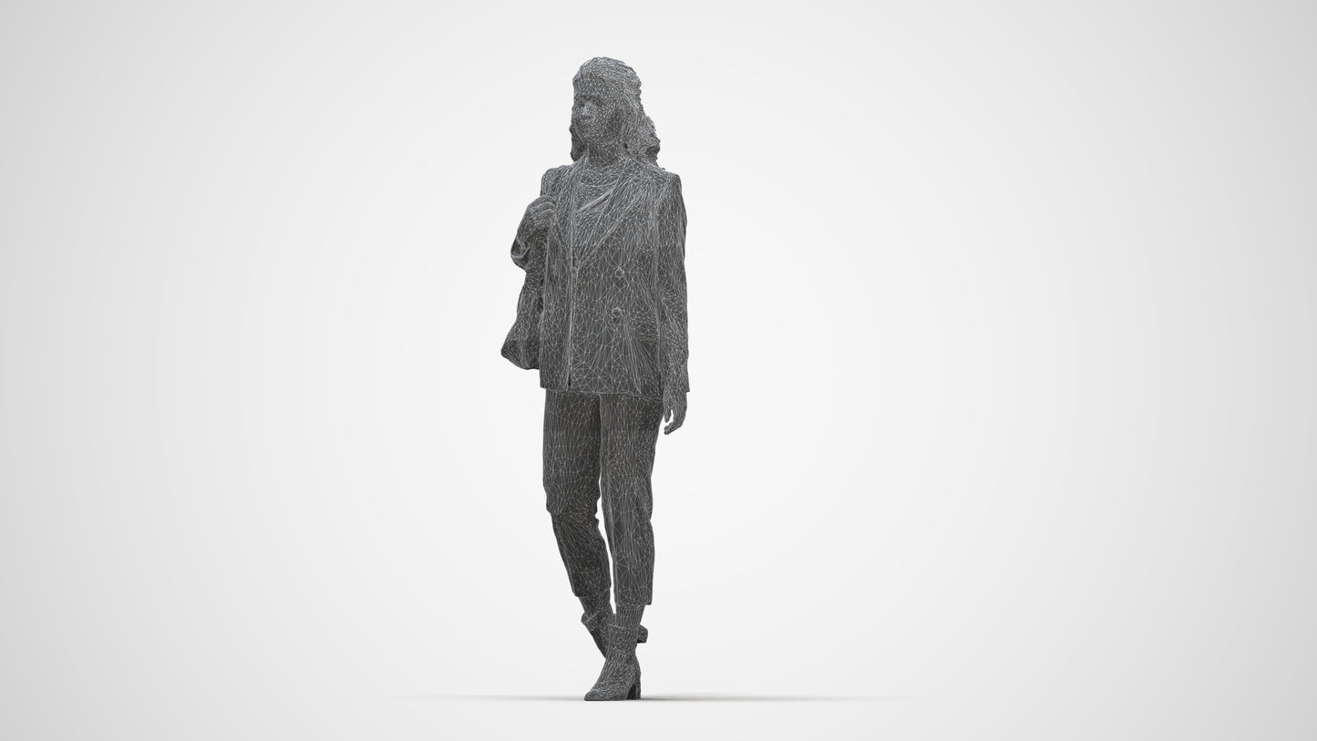 scanned 3D woman business walking, photogrammetry people for Enscape and V-Ray, wireframe back view