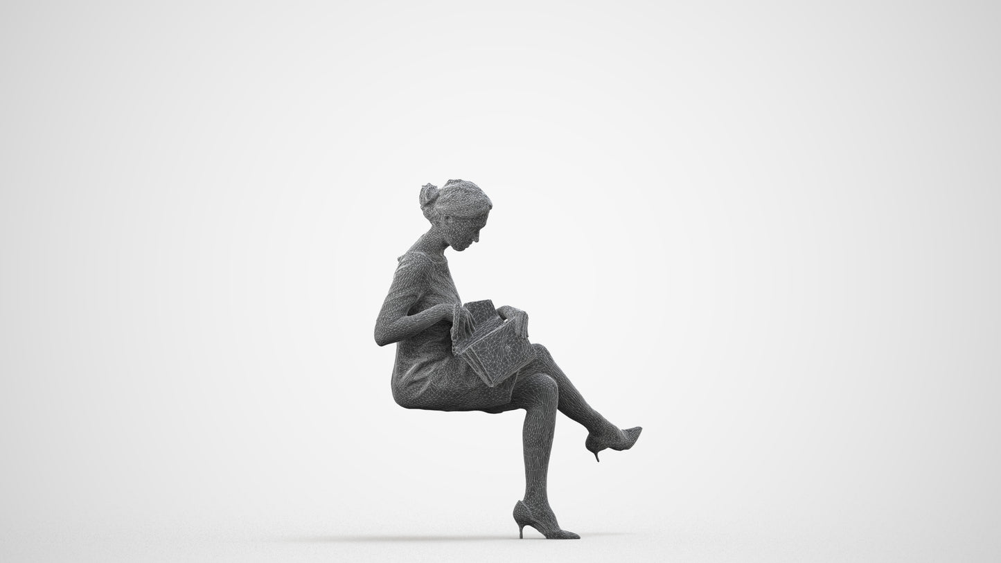 scanned 3D woman casual sitting, photogrammetry people for Enscape and V-Ray, wireframe side view