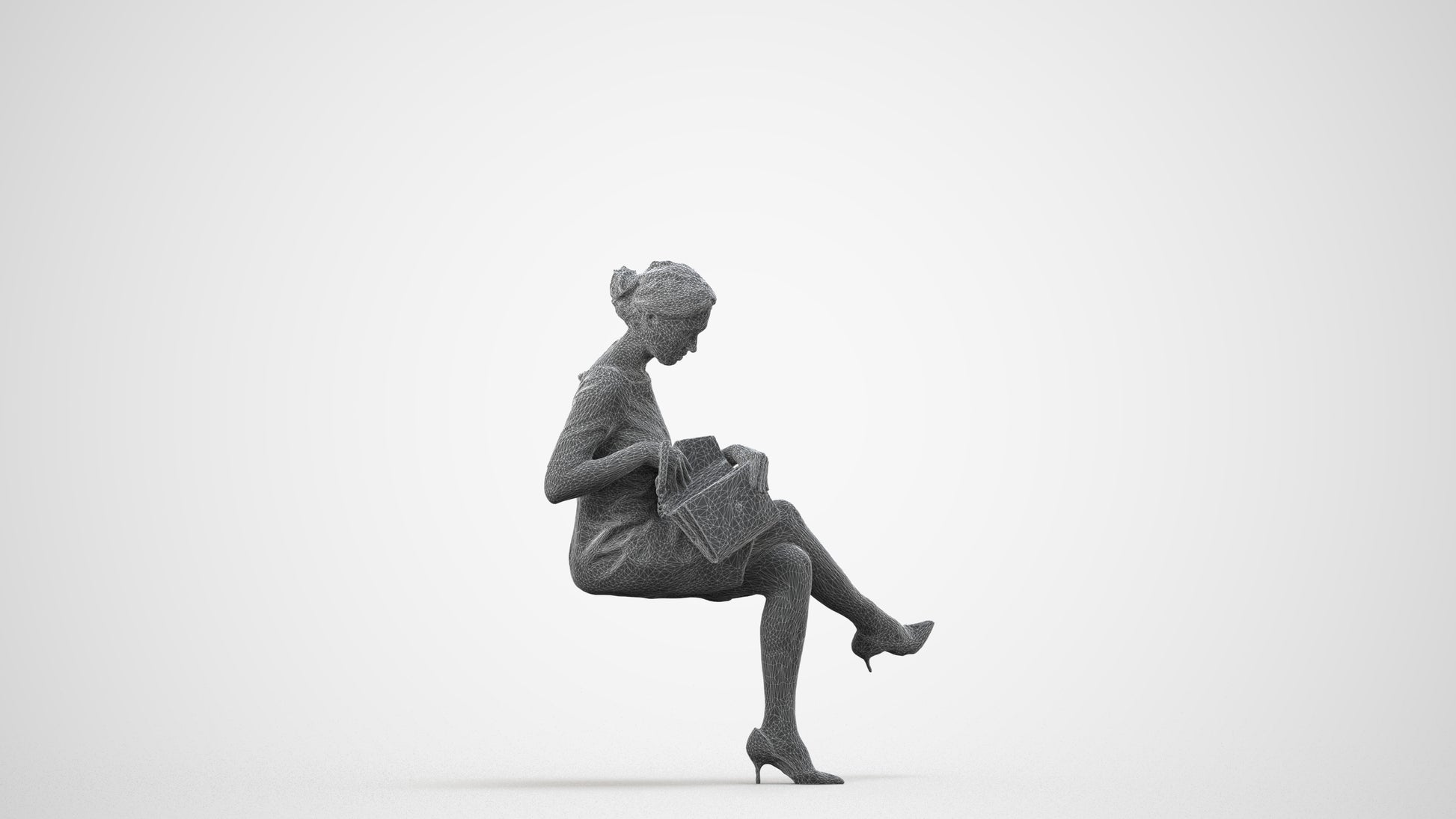 scanned 3D woman casual sitting, photogrammetry people for Enscape and V-Ray, wireframe side view