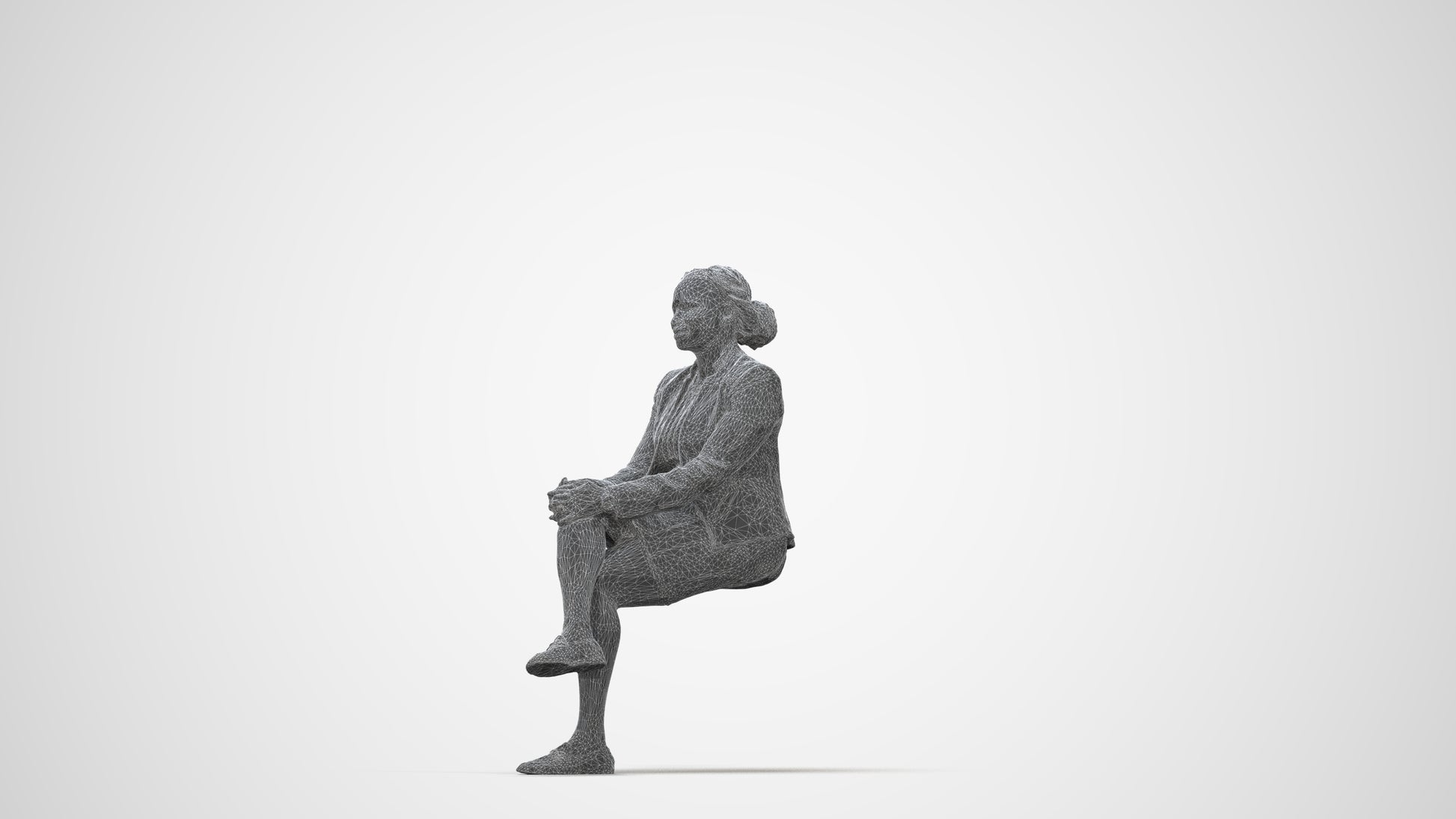 3D human model woman business sitting, photogrammetry scanned person for archviz, wireframe back view