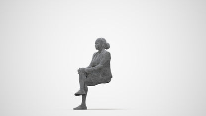 3D human model woman business sitting, photogrammetry scanned person for archviz, wireframe back view