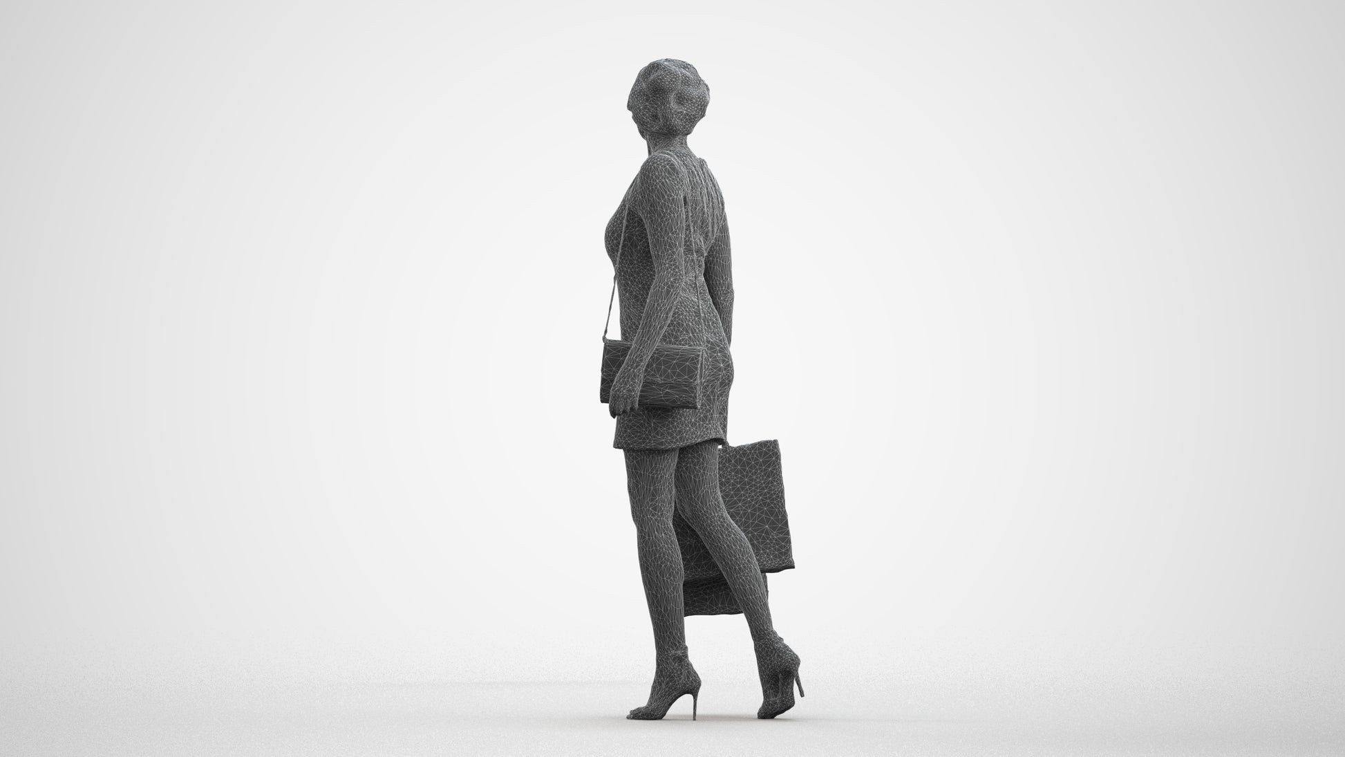 photogrammetry 3D woman casual shopping, realistic human model archviz FBX, wireframe front view