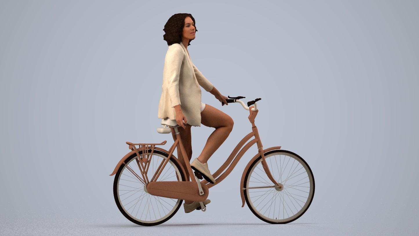 3D scanned woman cycling business, photorealistic archviz people for Enscape and SketchUp, side view render
