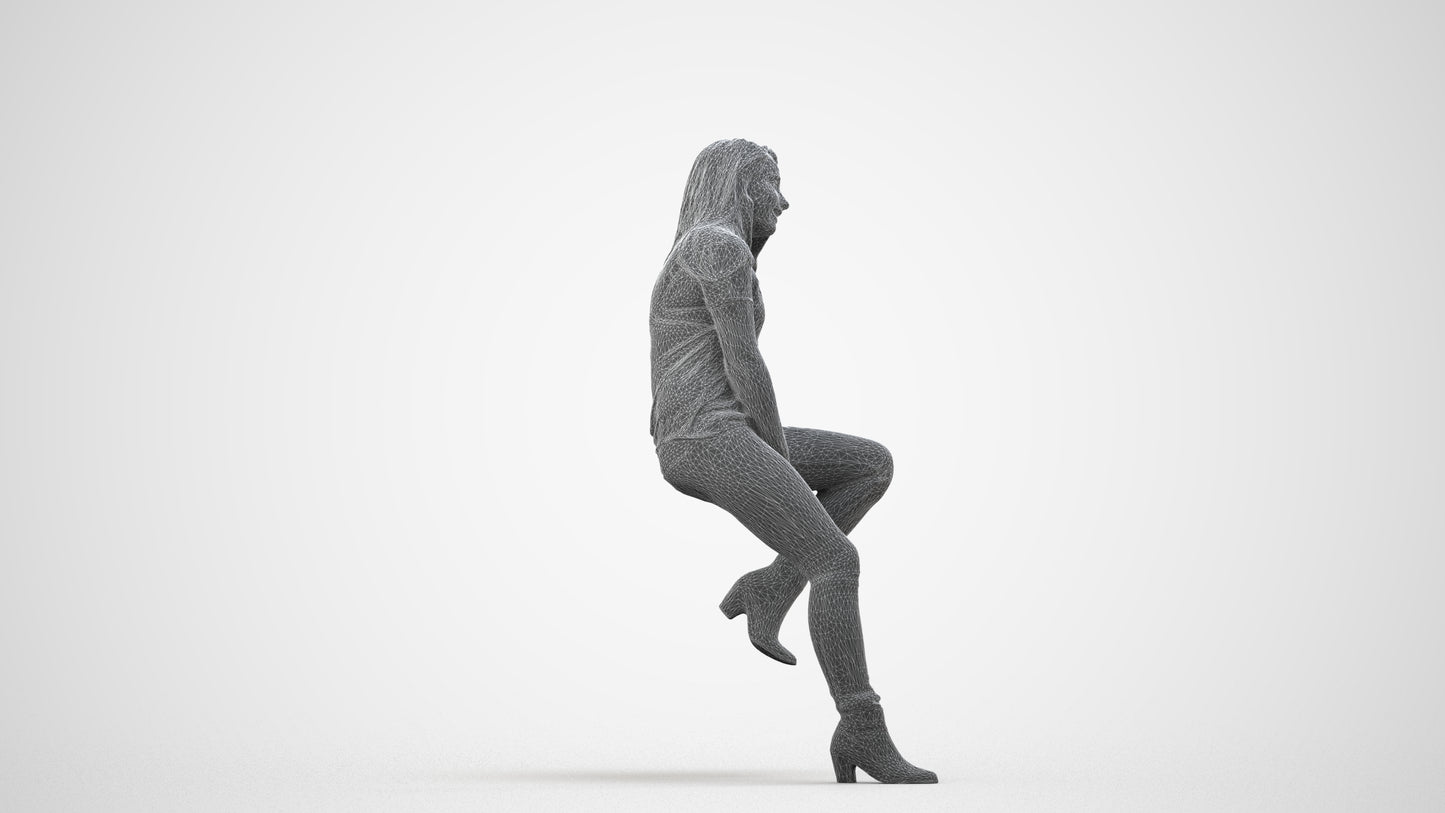 realistic 3D woman casual sitting, scanned archviz people for Blender and 3ds Max, wireframe side view